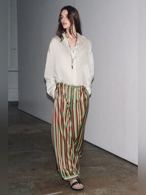 NWT. Zara ZW Collection 100% Viscose Striped Pajama-Style Trousers. Size XL.